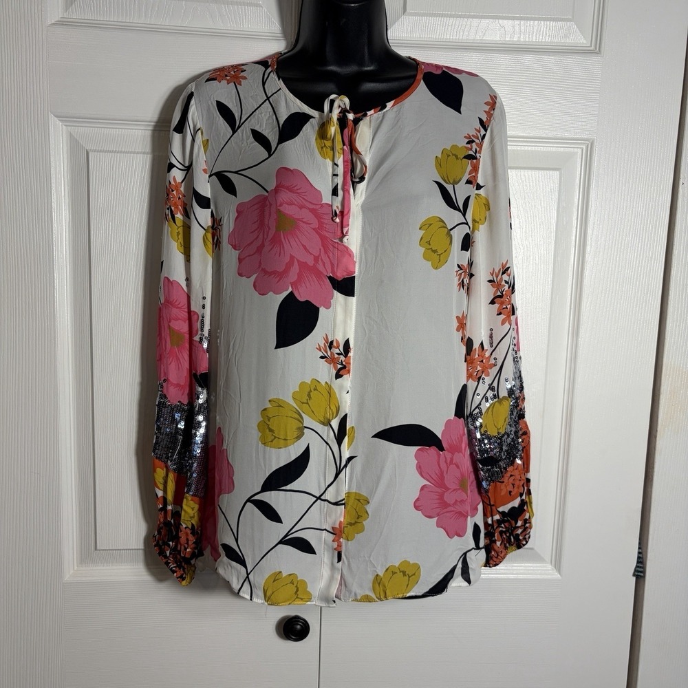Kobi Halperin Lena Blouse Women M White Pink Floral Silk Blend Sequin Button Up